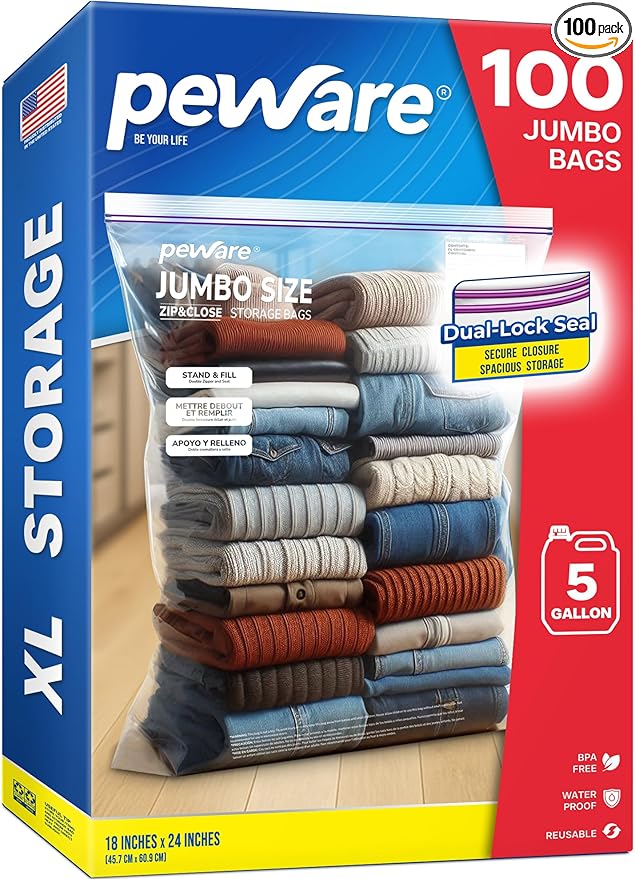 Large Storage Bags, 18"x24" Jumbo Plastic Bag, BPA Free, 5 Gallon XL Zipper Lock Baggies for Clothes Pillow Travel Moving - 100 Jumbo Bags
