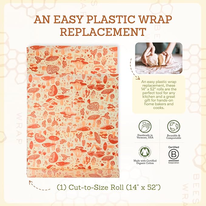 Bee's Wrap Beeswax Wraps for Food - Mushroom Magic Cut to Size 14x52" Wax Paper Roll - Made in USA Reusable Waxed Paper & Bowl Covers - Organic Eco-Friendly Alternative to Aluminum Foil & Plastic Wrap