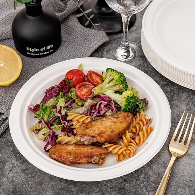 WELLIFE 100% Compostable Paper Plates 9 Inch, 125-Pack Heavy Duty Paper Plates Bulk,Biodegradable Bagasse,Eco-Friendly Disposable Dinner Plate for BBQ,Picnic,Party (BPI Certified,Microwaveable)