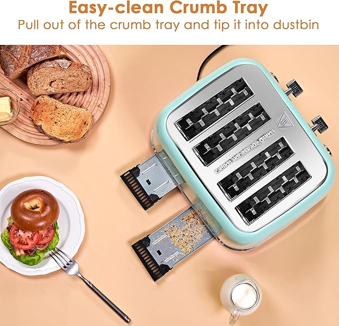 Toaster 4 Slice Retro Stainless Steel with Extra Wide Slots Bagel, Defrost, Reheat Function, Dual Independent Control Panel, Removable Crumb Tray, 6 Browning Levels, Aqua Green