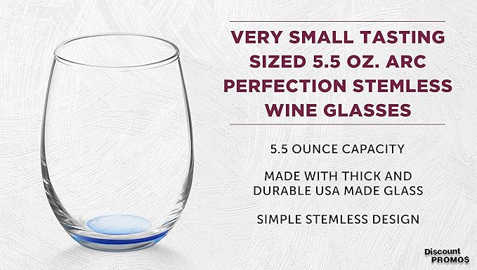 DISCOUNT PROMOS Stemless Wine Glasses by ARC 5.5 oz. Set of 12, Bulk Pack - Perfect for Hotel, Bar, Restaurant or Lounge - Blue
