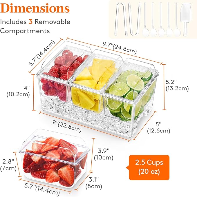 Lifewit Taco Bar Serving Set for Party with 3 Containers(2.5 Cup) & Components, Large Ice Chilled Condiment Caddy Organizer, Garnish Serving Tray Platter for Mimosa Bar Accessories, Fruit, Salad, Food