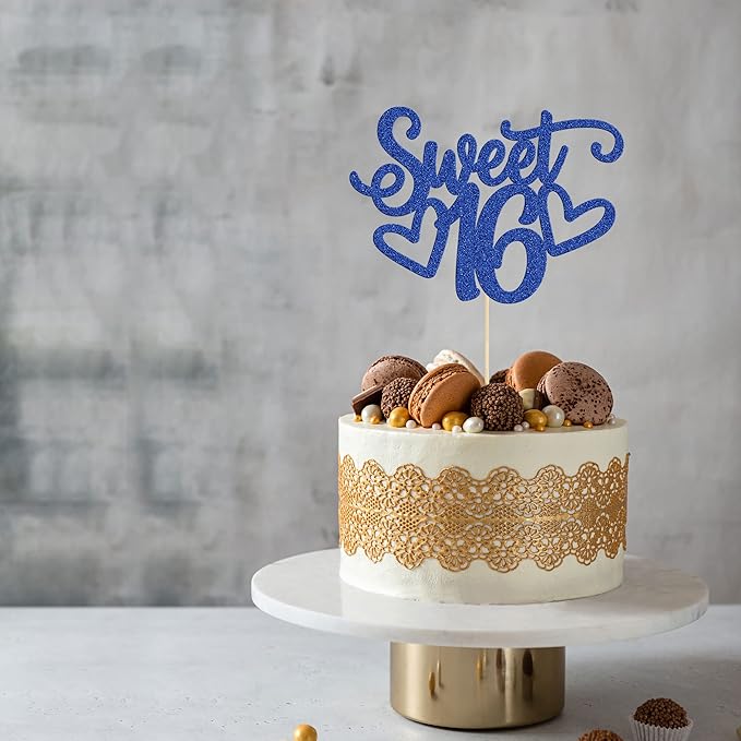 Gyufise 1Pc Sweet Teenager 16 Cake Topper Glitter 16th Birthday Cake Pick for Cheers to 16 Years Old 16th Birthday Party Cake Decorations Supplies Blue