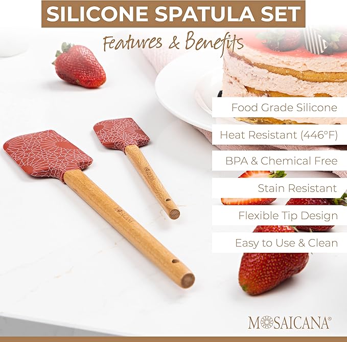 Silicone Spatula set of 2 with wooden handle and stunning pattern (Red)