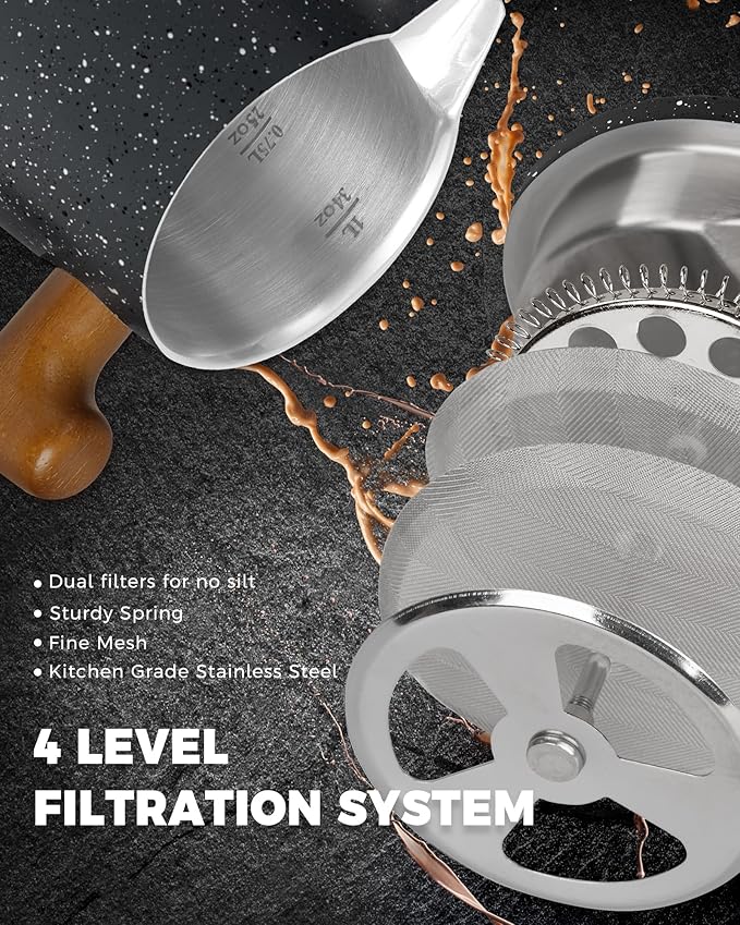 POLIVIAR French Press Coffee Maker, 34 oz Coffee Press with Real Wood Handle, Double Wall Insulation & Dual-Filter Screen, Food Grade Stainless Steel for Good Coffe and Tea, JX2025-XFPG