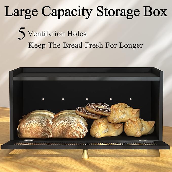 Black Bread Box for Kitchen Countertop-Large Modern bamboo Bread box with Window Bread Storage Container