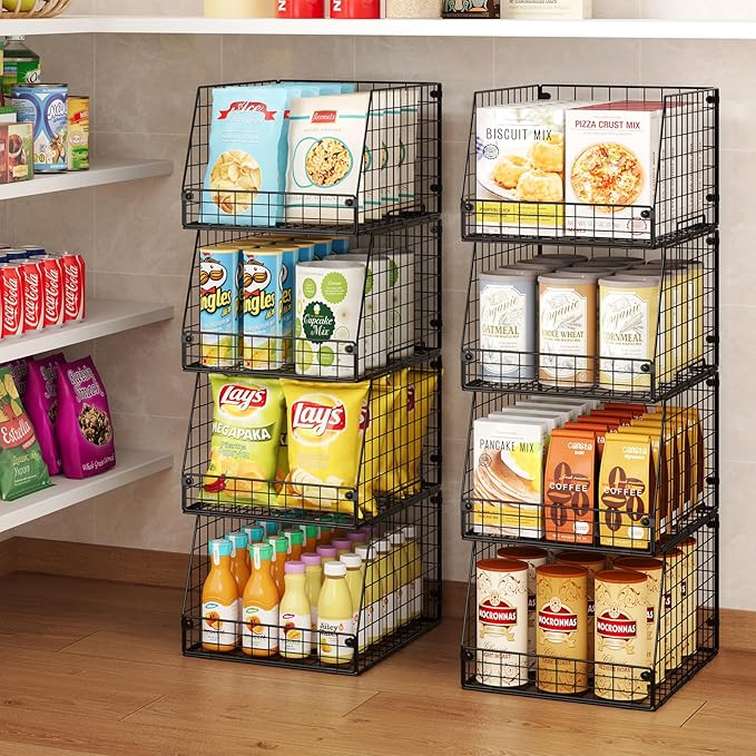 4 Pack XXL Stackable Wire Storage Basket, Extra Large Capacity Pantry Organizer and Storage, Muti-Purpose for Fruit Vegetable Basket & Toy Bin & Snack Organizer