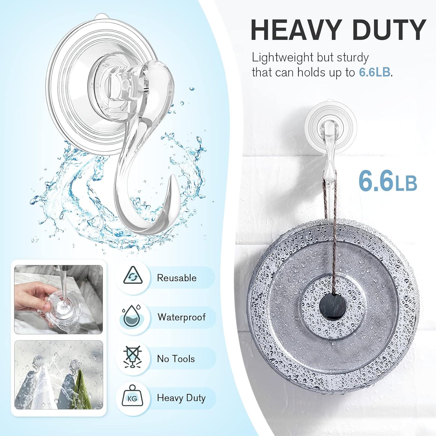 VIS'V Suction Cup Hooks, Small Shower Suction Hooks with Wipes, Heavy Duty, Removable and Reusable, Clear, 6 Pcs