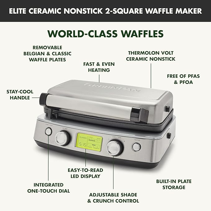 GreenPan Elite 2-Square Belgian & Classic Waffle Iron, Healthy Ceramic Nonstick Dishwasher Safe Plates, Adjustable Shade/Crunch Controls, Wont Overflow, Easy Cleanup Breakfast, Stainless Steel