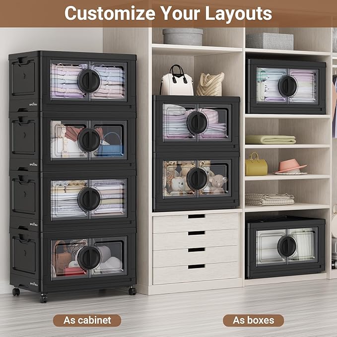 480Qt Lockable Stackable Storage Bins with Lids, Closet Organizers and Storage Drawer, Collapsible Storage Bin with Wheels, Plastic Cabinet for Toy Clothes Dorm Organizer, V9 4 Pack Black