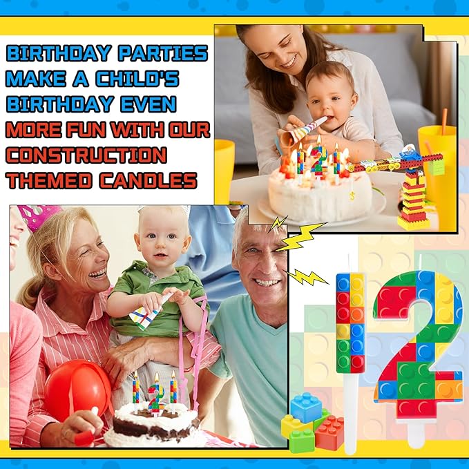 AXBMM 7 Pcs Building Block Themed Birthday Candles Set Building Blocks Number 2 Candle Cake Topper for Building Block Party Decoration Supplies (Number 2)
