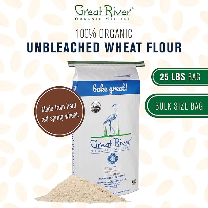 Great River Organic Milling Organic Unbleached Wheat Bread Flour | Artisan Bread Flour for Baking | Multi-Purpose Wheat, Unbromated, Non-GMO, Kosher | 25 Lb (Pack Of 1)