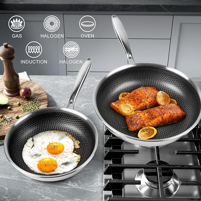 Tri-Ply Stainless Steel Frying Pan Set with Lid,8 Inch,9.5 Inch and 11 Inch Nonstick Honeycomb Stainless Steel Cooking Skillet Set of 3 for Induction Gas Stovetops