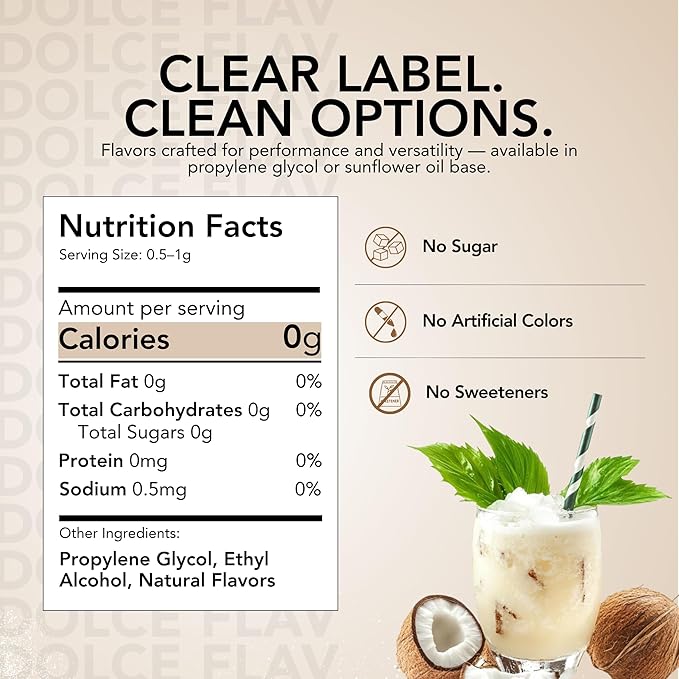 Dolce Flav Natural Coconut Extract – 2 Ounce Water-Soluble Kosher, Sugar-Free, Concentrated Tropical Coconut Flavoring for Baking, Beverages & Desserts, Includes Measured Dropper