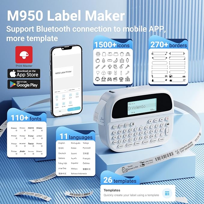 M950 Label Maker, Rechargeable Backlit Labeler Machine with Tapes 12mm 0.47 White for Office Home School, Bluetooth Handheld Label Printer Replacement for Brother Ptouch Label Maker Machine