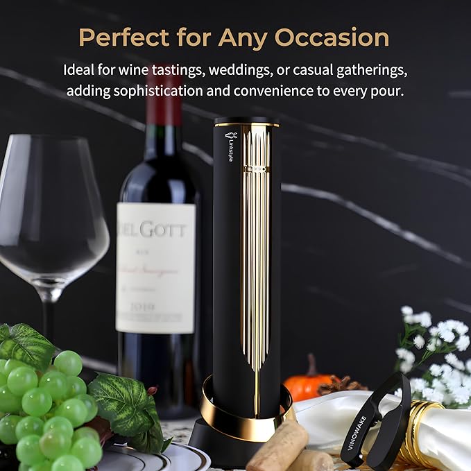 VINOWAKE Openero Electric Wine Opener By LINKSTYLE — Rechargeable Battery with Charging Base, Precision Steel Foil Cutter, Luxurious Matte Finish