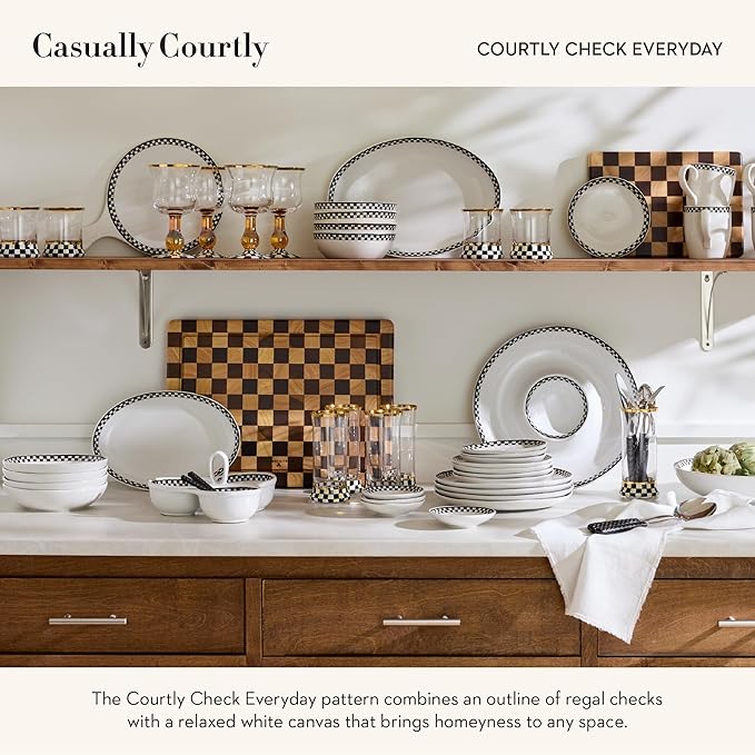 MACKENZIE-CHILDS Set of 2 Everyday Oval Platters, Dishwasher-Safe and Microwave-Safe, Black-and-White Courtly Check