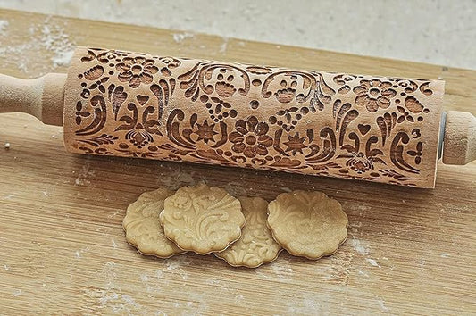 Christmas Wooden Rolling Pin for Baking Engraved Embossing Rolling Pin Cookie Stamps Roller Square Grid Cookies Mold Kitchen Decor Tools for Baking Embossed Cookies (Flower Plant)