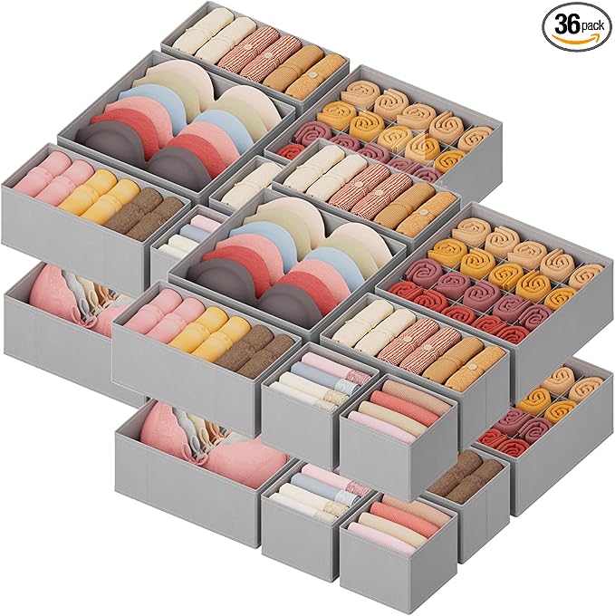 Lifewit Underwear Drawer Organizer for Closet 36 Pack, 3 Sizes Dresser Organizer Dividers, Deep Fabric Foldable Drawer Storage Organizer Bins for Clothes/Sock/Bra/Lingerie/Undies, Light Grey