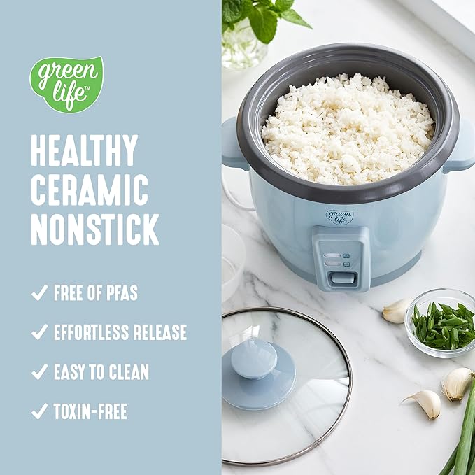 GreenLife Electric Rice Cooker, 3-Cups Uncooked/6-Cups Cooked, Removable PFAS-Free Nonstick Pot, One-Switch Design, Auto Keep Warm, Small Space Saving, Rice Paddle, Soup, Grains, Oatmeal, 1.5 QT, Blue