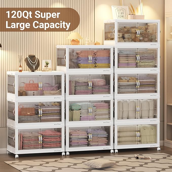 600QT Large Stackable Storage Bins with Lids, Plastic Closet Organizer and Storage Drawer, Collapsible Storage Box with Wheels, Folding Storage Cabinet with Doors for Home Kitchen, 5Pack White