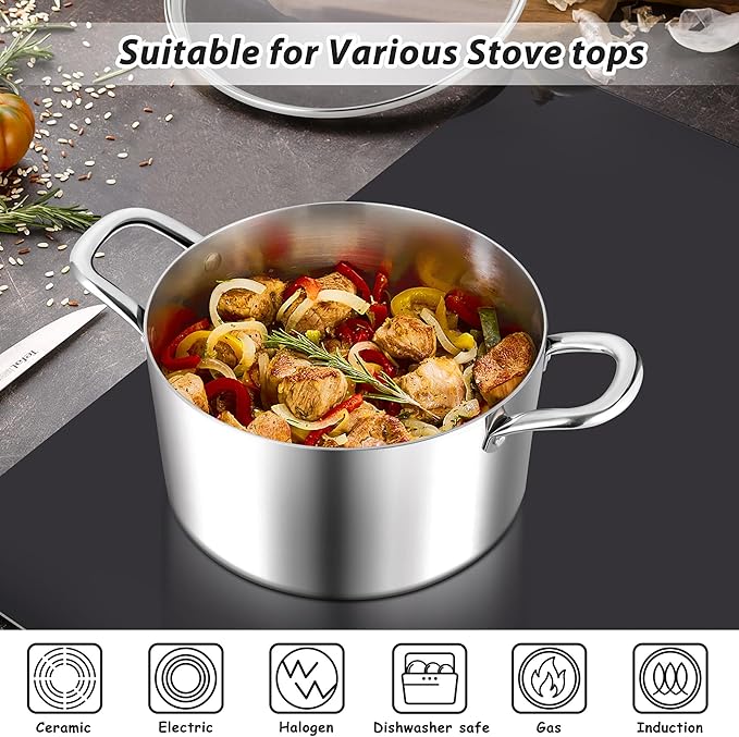 E-far 4 Quart Stock Pot, Tri-Ply Stainless Steel Cooking Pot with Glass Lid and Riveted Handles, Metal Pasta Soup Pot for Induction Ceramic Electric Gas Stoves, Heavy Duty & Dishwasher Safe