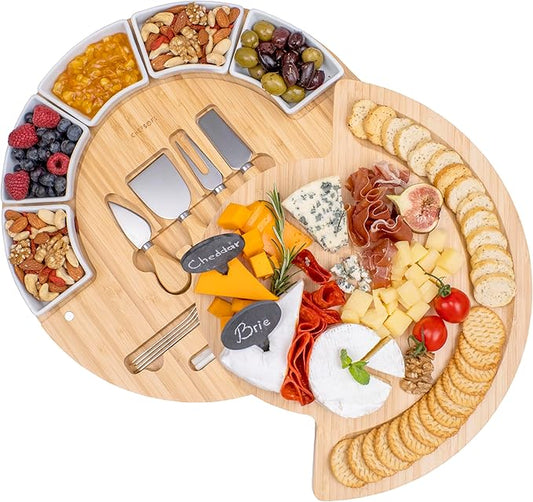 Charcuterie Cheese Board and Platter Set - Made from Bamboo Wood - US Patented 16 inch Cheese Cutting Board and Knife for Entertaining and Serving - 4 Knives - 5 Bowls - 2 Cheese Markers - 4 Forks