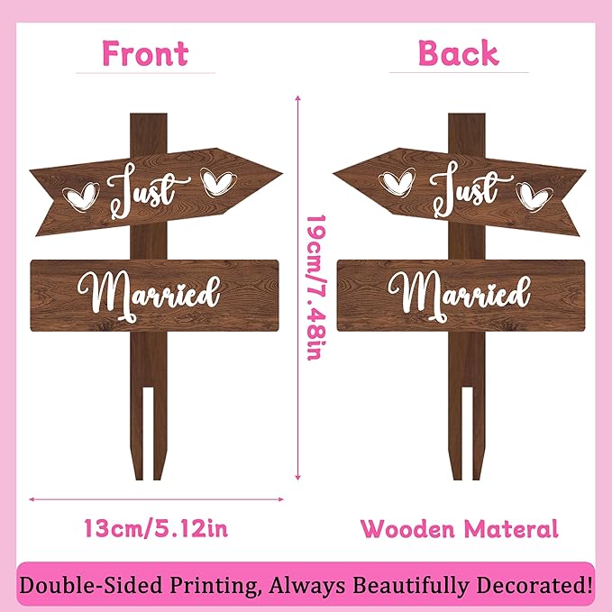 Just Married Cake Topper Rustic Wedding Cake Topper Double-Sided Wood Cake Toppers 7.48'' x 5.12'' Wedding Cake Decoration