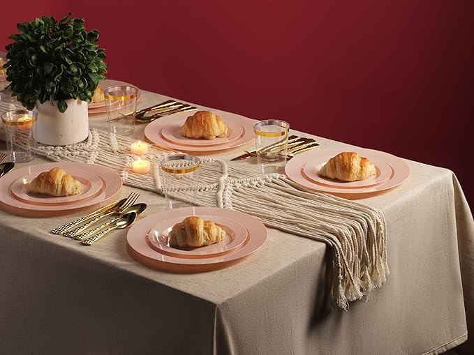 Munfix 100 Pink Plastic Plates Set, 50 Pcs 10 Inch Plastic Dinner Plates and 50 Pcs 7 Inch Plastic Dessert Plates, Elegant Fancy Heavy Duty Disposable Plates for Party, Wedding, Pink