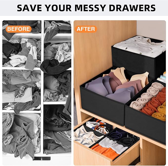 Criusia Drawer Organizer - 6 Pack Clothes Bins for Bedroom & Nursery - Dividers for Socks, Underwear & Baby Clothes - Black
