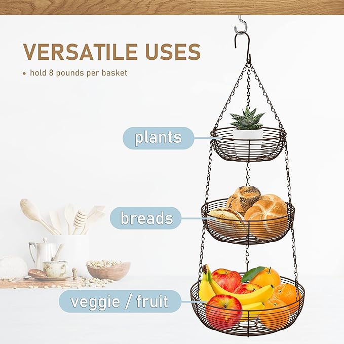CAXXA 3-Tier Hanging Basket Fruit Organizer Kitchen Heavy Duty Wire Organizer with 2 Free Bonus Metal Ceiling Hooks(Bronze)