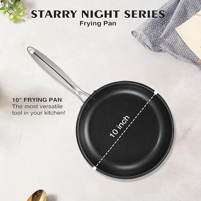 KITEXPERT Non Stick Frying Pans with Lid, 10" Titanium Ceramic Pan Nonstick Stainless Steel Skillet, PFAS PFOA & PTFE Free, Quick-Cool Handle, Dishwasher & Oven Safe, Compatible with All Cooktops