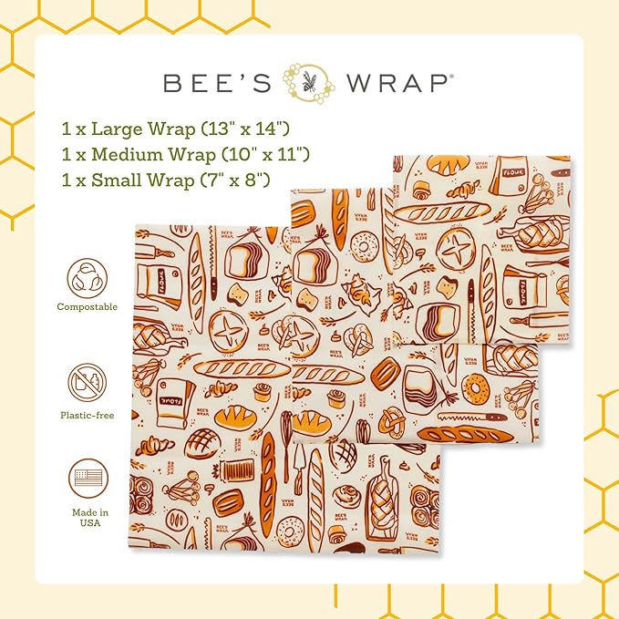 Bee's Wrap Beeswax Wraps for Food - Bakery Lane 3 Pack (S, M, L) Made in USA Reusable & Organic Food Wraps, Sandwich Wrap & Bowl Covers - Eco-Friendly Alternative to Aluminum Foil & Plastic Wrap