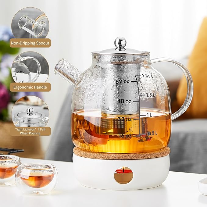 68OZ Glass Teapot Tea Pot With Infuser, Glass Kettle For Stove Top, Tea Glass Pot, 2000ML Glass Tea Cup With Infuser And Lid For Loose Leaf Tea Steeper, Dishwasher Safe