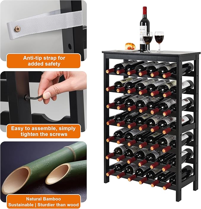VASMIA 42 Bottles Bamboo Wine Rack,7-Tier Wine Rack Freestanding Floor with Table Top, Wine Storage Shelf for Kitchen Dining Room Bar,Black