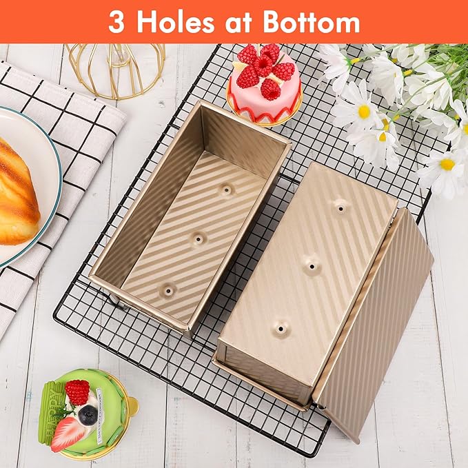 Beasea Pullman Loaf Pan with Lid, 2 Pack 0.5 lb Small Non-Stick Bread Loaf Pans Carbon Steel Mini Bread Toast Box for Homemade Bread Toast Oven Baking - Gold