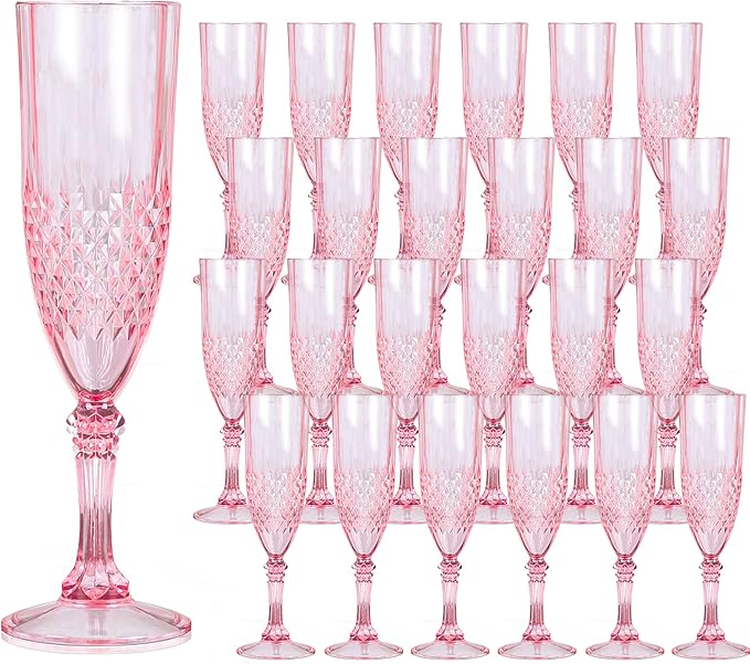Plastic Champagne Flutes, 24PCS Pink Plastic Wine Glasses Goblets Reusable Champagne Flute for Weddings, Bachelor Parties, Toasting, and Events (24, Pink)