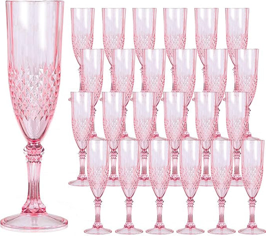 Plastic Champagne Flutes, 24PCS Pink Plastic Wine Glasses Goblets Reusable Champagne Flute for Weddings, Bachelor Parties, Toasting, and Events (24, Pink)