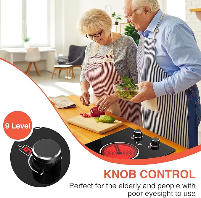 110v Electric Cooktop 2 Burners, 12'' Electric Stove Top with Plug in, GTKZW Knob Control Countertop & Built-in Ceramic Cooktop, 9 Power Levels, Child Lock, Timer, Over-Heat Protection