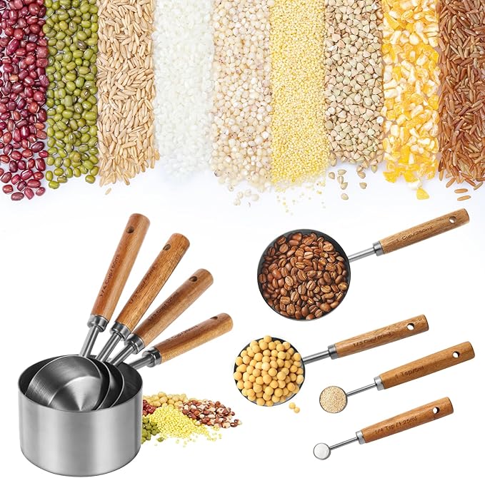 Measuring Cups and Spoons Set，Measuring Cup Set with Wooden Handle and Metric and US Measurements，Silver Polished Finish，for Cooking and Baking in The Kitchen (8 Piece)