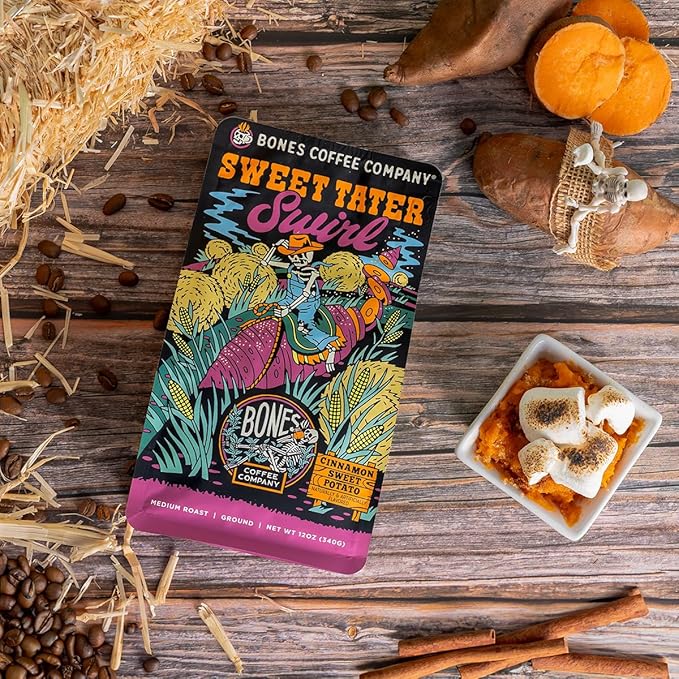Bones Coffee Company Sweet Tater Swirl, Cinnamon Sweet Potato Flavored Coffee, Medium Roast Low Acid Arabica Beans Compatible with Auto drip and French Press Coffee Maker, 12 Oz Ground
