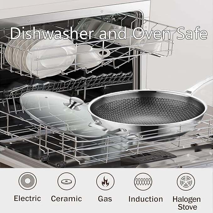 Wok Pan,Hybrid Nonstick 12 Inch Wok with Lid,Induction Non Stick Stainless Steel Large Deep Woks&Stir-Fry Pans,Frying Pan,Stay-Cool Handle Skillets,PFOA Free,12 Inch Wok