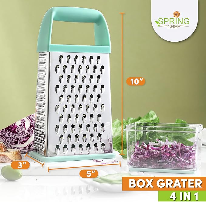 Spring Chef Professional 10" Parmesan Cheese Grater With Container, Stainless Steel & Soft Grip Handle, Handheld Kitchen Cheese Shredder, Box Grater with 4 Sides for Potato, Carrot, Veggie - Mint