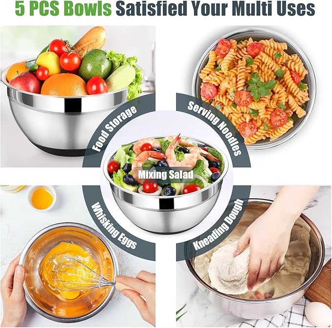 P&P CHEF Mixing Bowl with Lid Set, 5 Piece Stainless Steel Mixing Nesting Bowls for Salad Storage, 3 Grater Attachments & Non-Slip Bottoms, Size 1/1.5/2 / 2.6/4.6 QT, Black