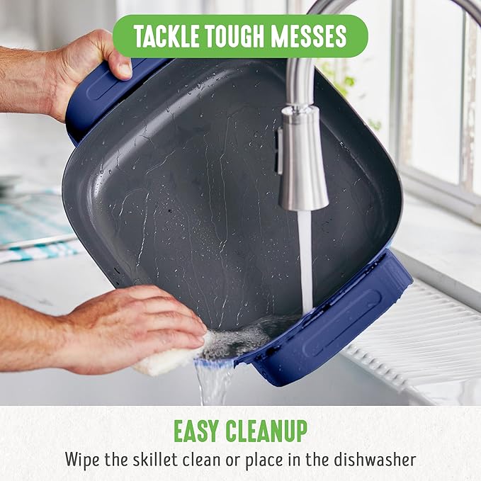 GreenLife 12" 5QT Square Electric Skillet, Glass Vented Lid, Ceramic PFAS-Free Nonstick Coated Interior, Adjustable Temperature Control, Cool Touch Handles, Quick Even Heating, Scratch Resistant, Blue