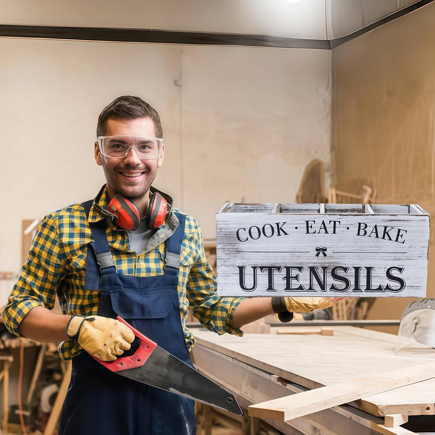 Utensil Holder,Extra Large Wooden Utensil Holder For Kitchen Counter,Cooking Spatula Organizer,Big Storage Caddy With 4 Compartments Flatware Spoon Tool Cutlery（Retro White）