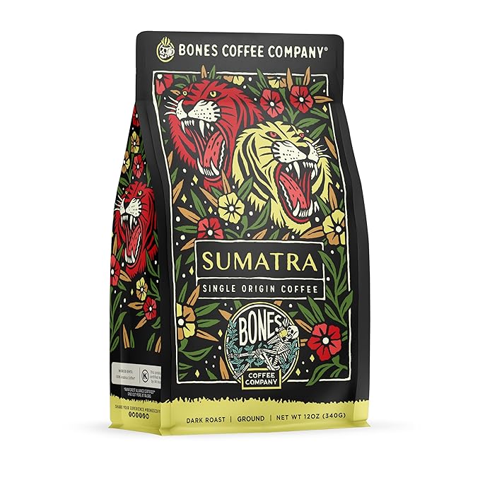 Bones Coffee Company Sumatra Single-Origin, Dark Chocolate, Smoky, Earthy Notes, Ground Coffee Beans, Low Acid Dark Roast Arabica Beans Flavored Coffee, 12 oz Ground