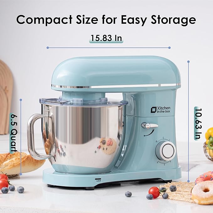 Kitchen in the box Stand Mixer - 900W Kitchen Mixer with Bowl 6.5 QT,Bread Dough Standing Mixers Tilt-head with Dough Hook, Whisk, Flat Beater and Splash Guard (Blue)