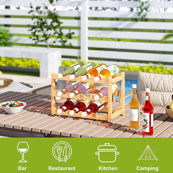 BMOSU Bamboo Wine Rack Wine Storage Cabinet Shelf 12 Bottle Wine Racks Countertop Sturdy for Kitchen Dining Room Pantry - 3 Tiers Wine Rack(Natural)