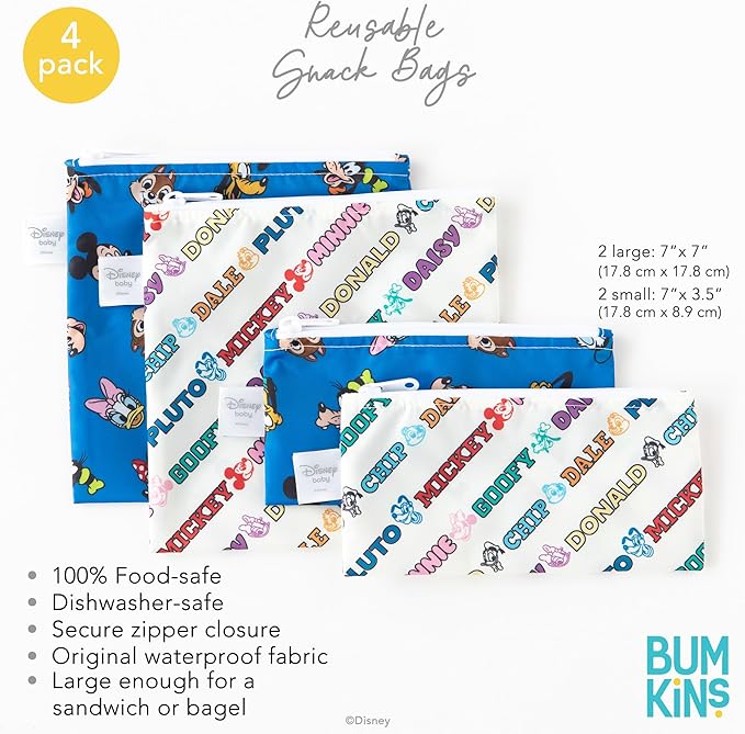 Bumkins - Cloth Snack & Sandwich Bags - For Storage, Travel, Food Prep, Lunch - Reusable, Water Resistant, Washable, Dishwasher Safe - Snack Bags for Kids -Zipper Closure -Mickey & Friends MVP -4 Pack